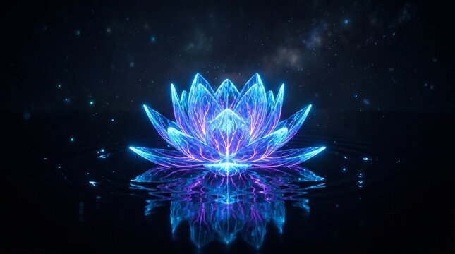 Glowing Neon Blue Lotus Flower with Water Reflection on Starry Night Background for Spiritual Zen Wallpaper
