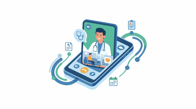 A cartoon doctor on a large smartphone screen with various medical symbols