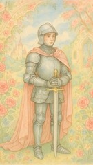 Naklejka premium Medieval knight amidst floral mobile wallpaper