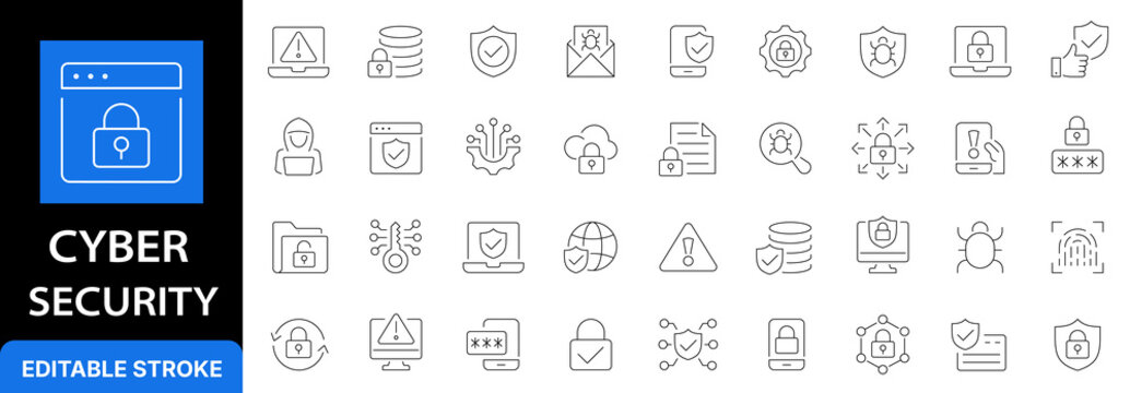Cyber security and data protection line icon set. Network safety, privacy shield, computer virus defense and hacker outline symbols. Editable stroke.