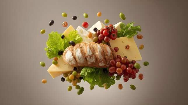 Floating gourmet still life with seafood and vegetables