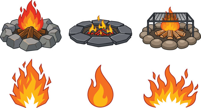 Set of campfire and fire flame illustrations featuring stone fire pits outdoor cooking grill bonfire and burning fire icons isolated on white background