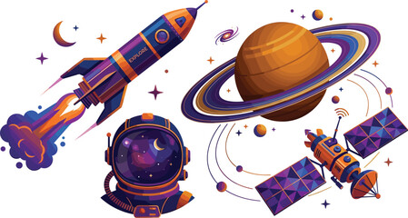 Alternative Outer Space Exploration Vector Element Set with Launching Rocket Ship, Astronaut Helmet, Saturn Planet, and Orbital Communications Satellite for SciFi Designs © MstBabli