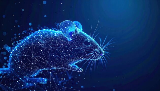 Close up blue wireframe mouse head on dark background.