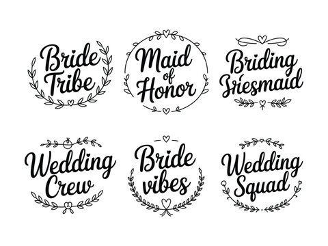 Wedding labels with wreaths and ribbons for bridesmaids and wedding party    various calligraphy texts and decorative floral borders