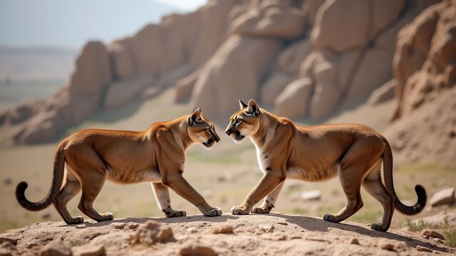 Two Mountain Lions Facing Each Other in Rocky Desert Landscape Wildlife Scene