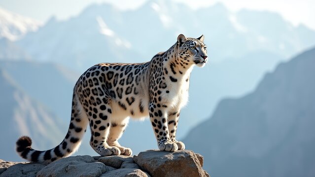Snow Leopard Standing on Rock in Mountain Wilderness