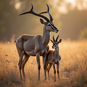 Antelope with Young Calf Standing in African Savannah at Sunset