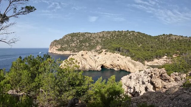 Panning Shot Across Dramatic Sea Cliffs on the Mallorca Coastline, Balearic Islands, Spain
