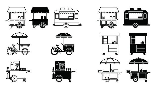 Street Food Cart Mobile Vendor Business Icon Black and White Vector Collection
