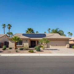 Fototapeta premium Suburban house with solar panels on roof, palm trees