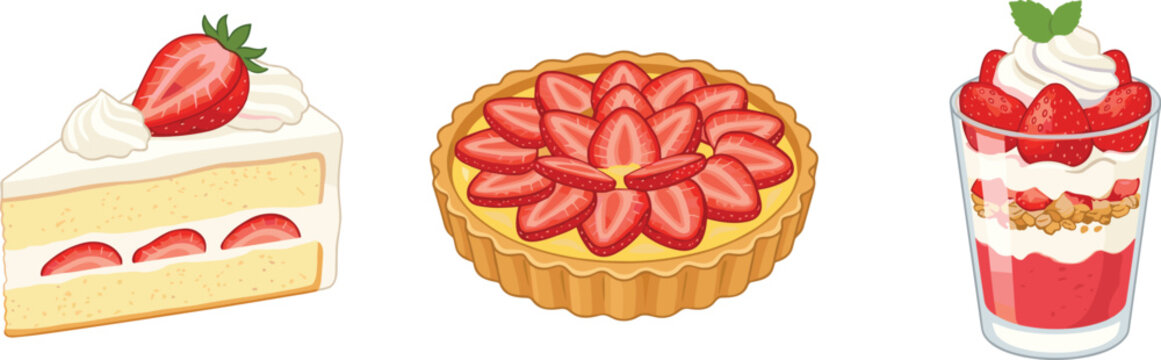 Set of delicious strawberry dessert illustrations featuring layer cake fruit tart and parfait glass isolated on white background