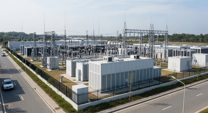 Modern electrical substation infrastructure featuring complex power transmission towers and utility buildings under a clear daylight sky