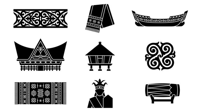 Set of isolated black traditional Indonesian cultural elements and patterns, including houses, boat, fabrics, and ornaments