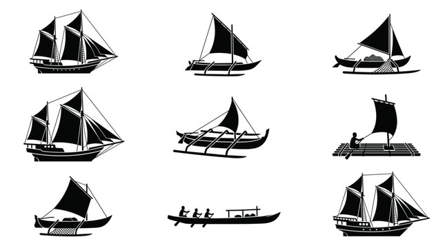 Collection of black and white pixel art sailboats, traditional canoes, and ships for navigation or travel icons