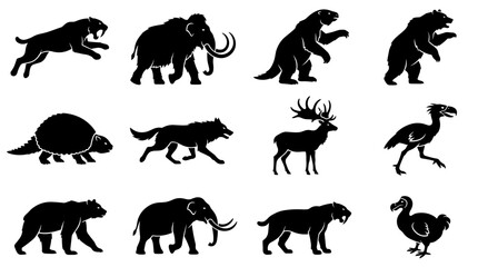 Obraz premium Set of pixelated prehistoric and extinct animals, including mammoths, saber-toothed tigers, and dodos in silhouette
