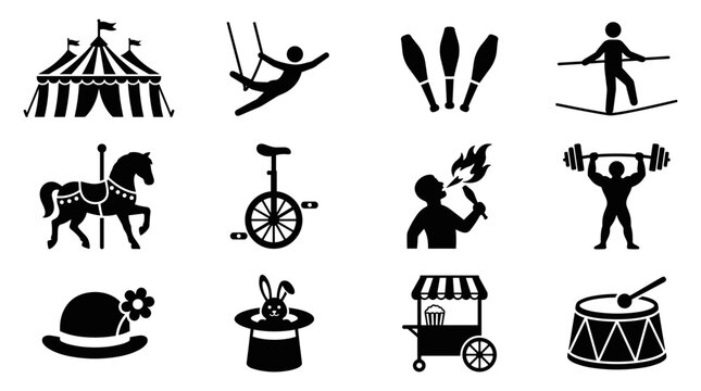 Set of circus themed icons including tent, acrobat, unicycle, magician's hat, drum, and fire eater, entertainment