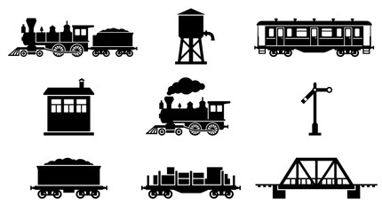 Obraz premium Set of railway and train station icons silhouette design elements for transport and travel projects