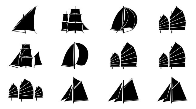 Set of isolated black pixel art sailing ships and boats, maritime transportation, nautical adventure and exploration icons