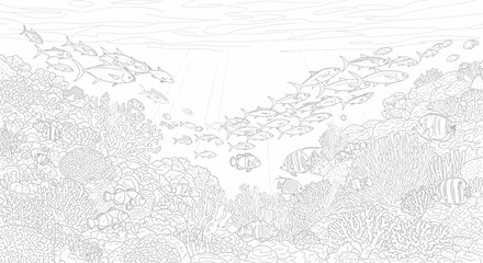 Underwater Coral Reef Coloring Page with School of Fish © Elva