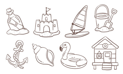 Fototapeta premium Summer Beach Elements Clipart Line Art Illustration PNG set - Bucket and Shovel, Anchor, Shell, Flamingo Float, Beach Hut and Windsurf 