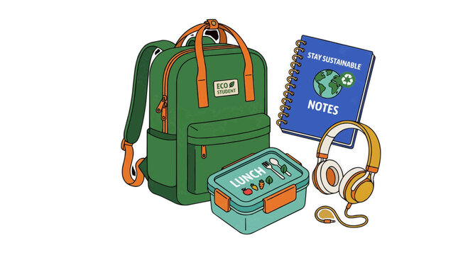 Eco Student Backpack Lunchbox Notebook and Headphones for Sustainable Education back to school 2d flat vector