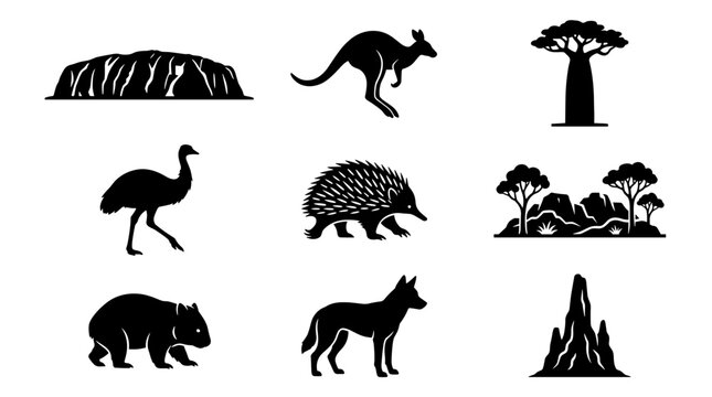 Pixel art silhouettes of Australian wildlife and landscapes including kangaroo, emu, echidna, wombat, dingo, baobab, and Uluru