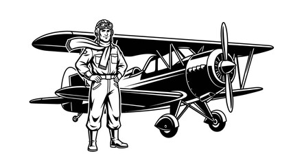 Vintage Aviator Pilot Standing Next to Classic Biplane Aircraft © Elva