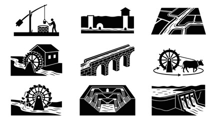 Obraz premium Set of black and white historical engineering and water management icons, featuring ancient construction, bridges, and irrigation systems