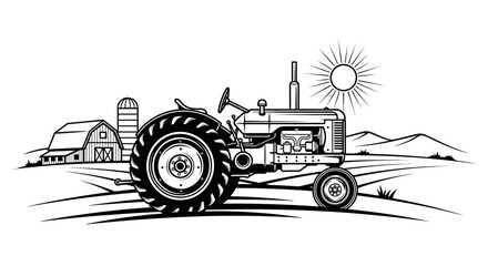 Vintage Farm Tractor Illustration with Barn and Landscape © Elva