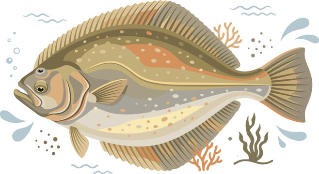 Flatfish sea animal illustration with underwater marine life details, ocean habitat and realistic fish vector artwork isolated on background