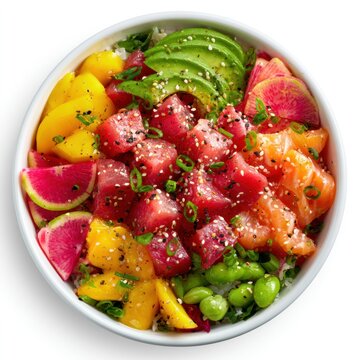 Poke bowl with tuna salmon avocado and mango