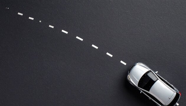 Top flat lay view photo of toy mini car driving on asphalt road with headlights direction on isolated background with copy empty space. 