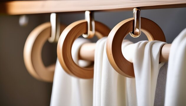 curtain rings on a rod close up of natural wood curtain rings attached to a curtain rod holding white fabric a simple and elegant detail for interior design