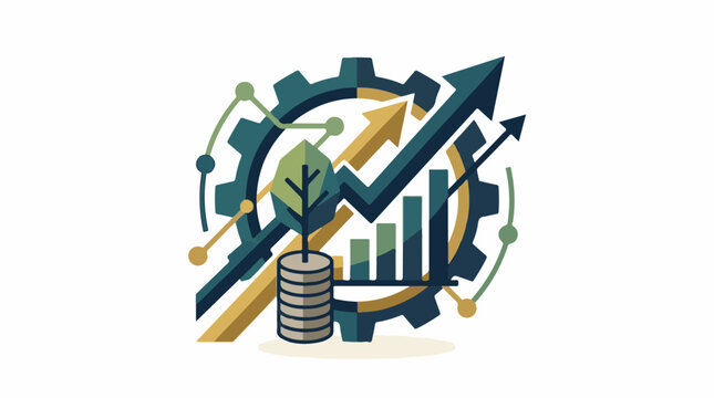 A stylized graphic illustration of a plant growing from a stack of coins surrounded by a gear with arrows and graphs
