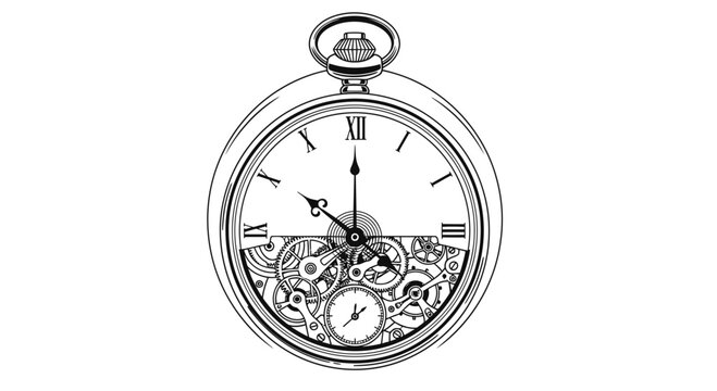 Vintage Mechanical Pocket Watch Line Art Illustration