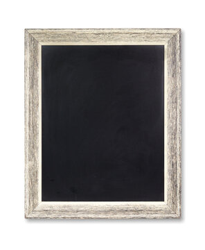 Large chalkboard picture frame on white background. Black chalkboard in antique looking wood frame. Portrait format. Used for restaurant menu, in school or education.