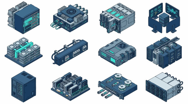 Isometric collection of futuristic electronic devices and hardware.
