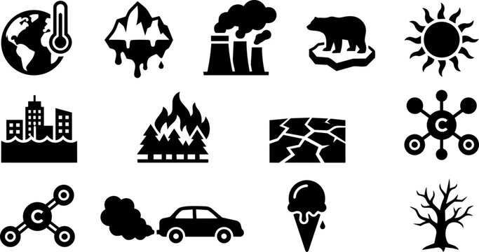 Climate Change and Global Warming Silhouette Icon Set