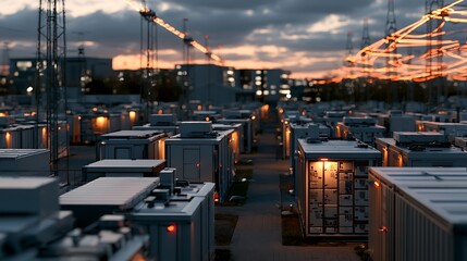 Innovative modular energy infrastructure with glowing data streams and storage units under a twilight sky, symbolizing advanced smart grid technology and future power solutions