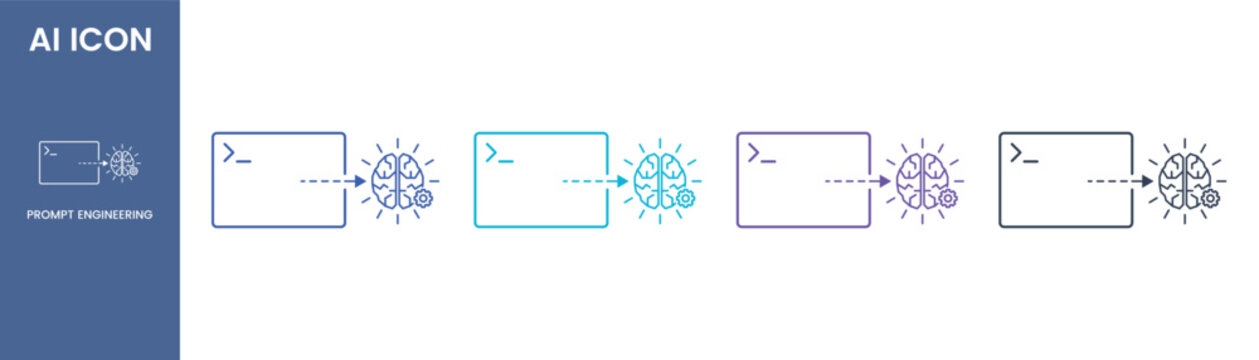 Prompt engineering outline icon set with command terminal line style for generative AI or artificial intelligence instruction concept, Vector illustration