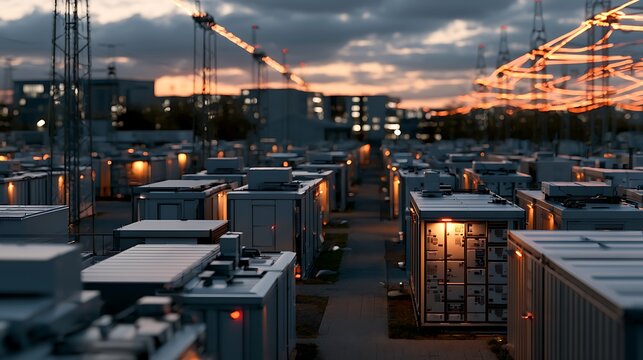 Innovative modular energy infrastructure with glowing data streams and storage units under a twilight sky, symbolizing advanced smart grid technology and future power solutions