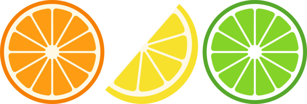 Fresh Citrus Fruit Vector Icon Set Featuring Round Orange Slice Yellow Lemon Wedge and Green Lime Half Isolated on White Background