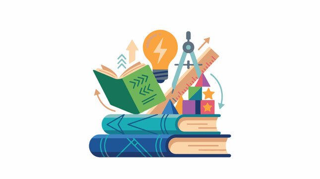 A stack of colorful books with an open book on top and school supplies