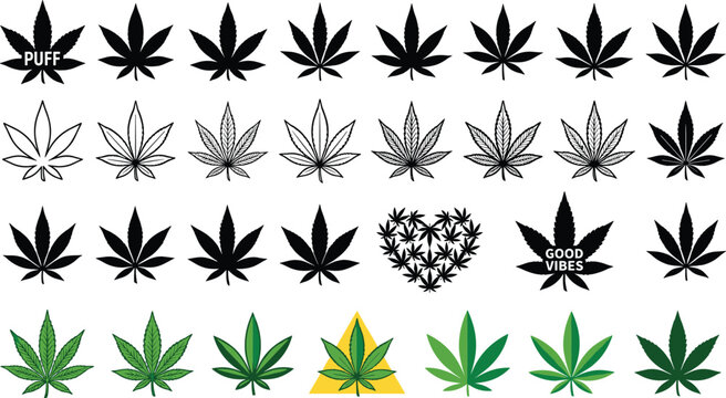 Cannabis leaf icons collection with black silhouettes green designs heart shape typography vector illustration artwork