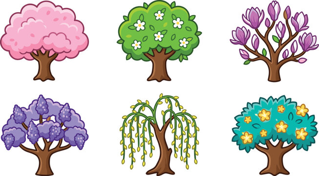 Set of colorful seasonal flowering and ornamental tree illustrations featuring cherry blossom magnolia willow jacaranda and blooming garden trees