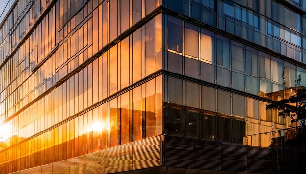 modern office building facade reflecting the warm golden hour light creating an abstract pattern of bright rectangles and soft glows on the glass surface