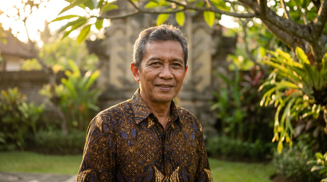 Smiling Indonesian Man Wearing Traditional Batik Shirt in Tropical Garden