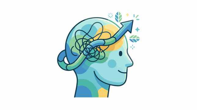 A stylized illustration of a human head with a tangled arrow emerging from the brain