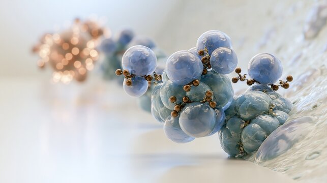 3D medical illustration of GLP-1 receptor agonist molecules binding to pancreatic beta cells, with a muted cellular backdrop and glowing tumor cell clusters receding, symbolizing incretin signaling